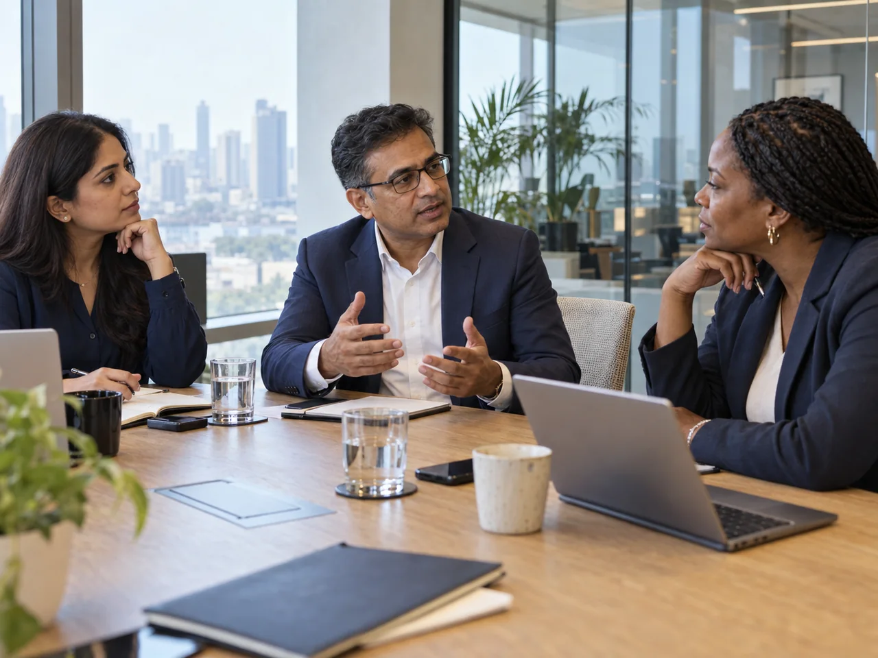 A leadership team in a considered conversation around a table